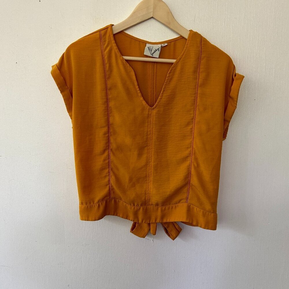 Janet Chung Top Womens Medium Mustard V-neck Tie Back Boxy Boho‎ Cottagecore